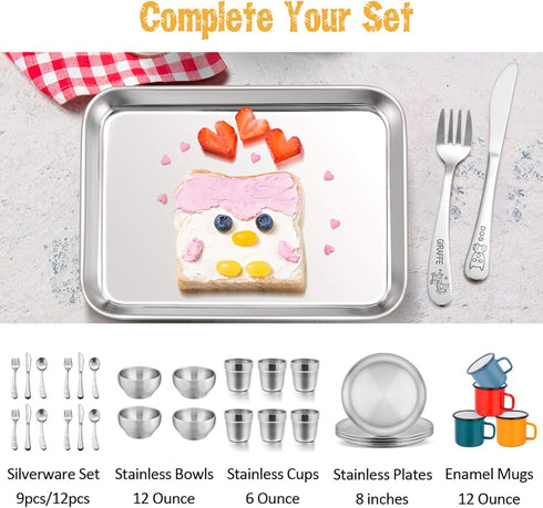 E-far Stainless Steel Kids Plates: 4 Pieces Mini Metal Dinner Dish Set, Non-Toxic & Dishwasher Safe