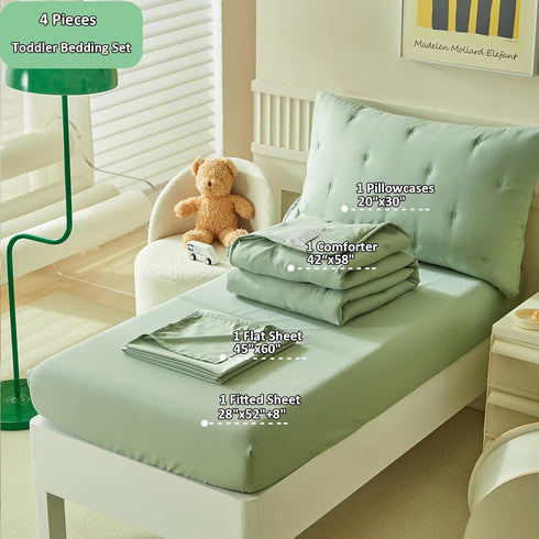 4 Set Set Set DuShow Green Piece Toddler Bedding for Boys Girls,Embroidery Microfiber Crib Bed Sheets Soft Boho