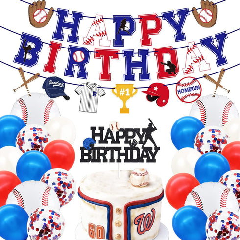 Baseball Birthday Party Decorations Supplies for Boys, Happy Birthday Banner, Cake Topper, Balloons