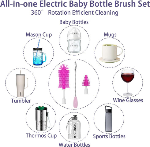 Set Electric Bottle Brush Cleaner, Portable Baby Bottle Washer, Travel Bottle Cleaner Brush with Silicone Bottle