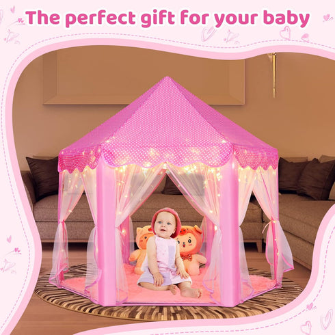 Monobeach Princess Tent - Large Playhouse Kids Castle with Star Lights for Indoor & Outdoor Games (Pink)