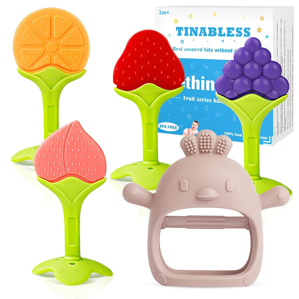 Teething Toys (5 Pack) - Tinabless Infant Relief Toys & Teething Mitten Set, Food Grade Silicone Anti Dropping Baby
