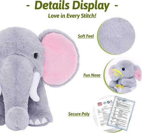 OUOZZZ 4 Set 14" 6.3" Elephant Stuffed Animal with Baby Elephants Interactive Plush Toy with Crinkly Ears, Rotating