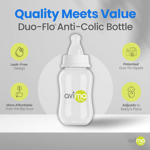 4 oz Set 0-3 1 (Set 8) Avima Anti Colic Baby Bottle - Slow Flow Nipples Included, Standard Neck, BPA Free - Newborn
