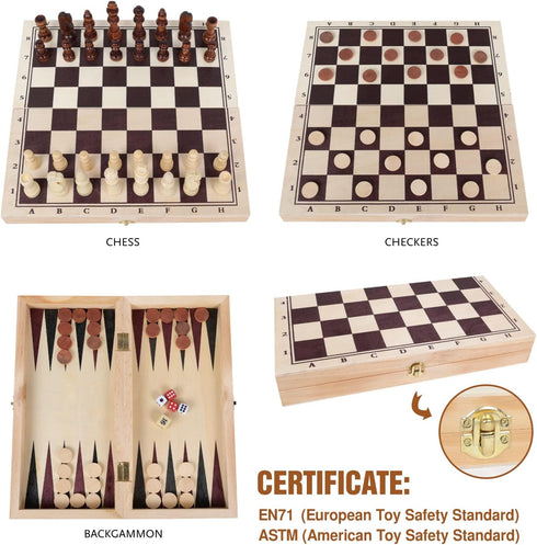 3 in 1 Board Game Set - Wooden Chess, Checker, and Backgammon, Classic Travel Toy Gift for Kids and Adults