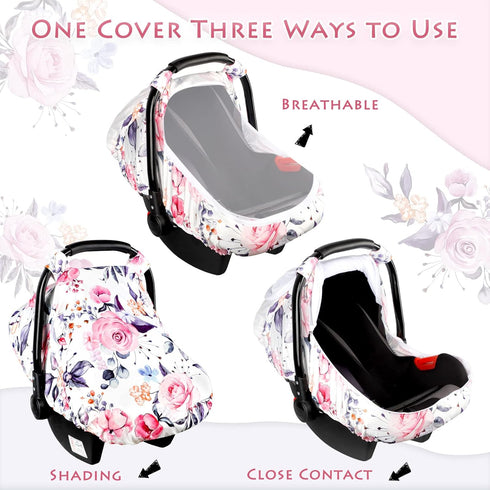 Floral Infant Car Seat Canopy with Peep Windows and Breathable Mesh, Kick-Proof, Soft Stretchy Baby Car Seat Cover