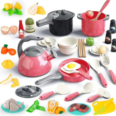 Bruvoalon 67Pcs Kids Play Kitchen Toys Set - Toddlers Pretend Cooking Playset Accessories with Pots, Pans, Utensils,