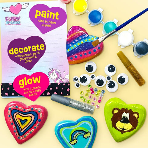 THE SCHOLAR ANT 4-12 Set Hearts Rock Painting Kit for Kids Girls - Glow in Dark Art Supplies Ages - Complete STEM Craft