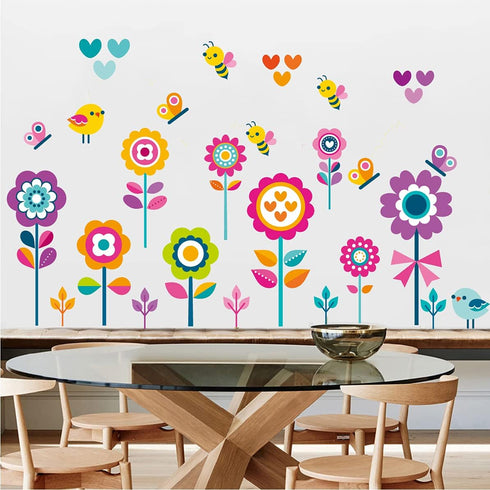 Flowers Wall Stickers for Kids Bedroom - Butterfly Bee Floral Decals for Girls Room, Classroom, Nursery, Playroom -