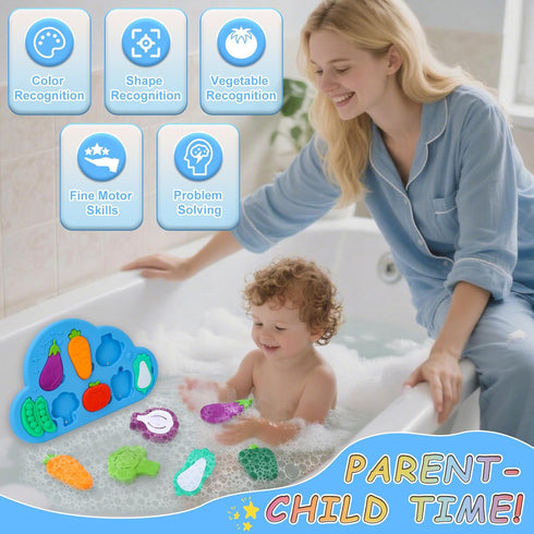 LOMAGTI Baby Bath Toys, Premium Silcone Mold Free Vegetable Bath Toys, Soft Toddlers Floating Bathtub Toy, No Hole Tub