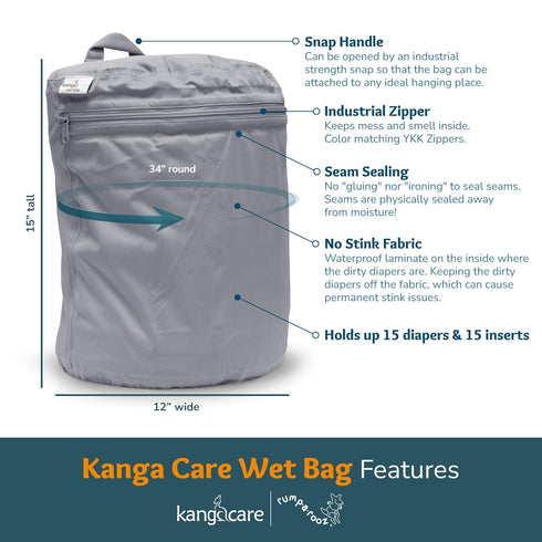 3D Kanga Care Wet Bag Seam Sealed Waterproof Dimensional for Baby Cloth Diapers, Travel, Beach, Pool, Gym, Swim |