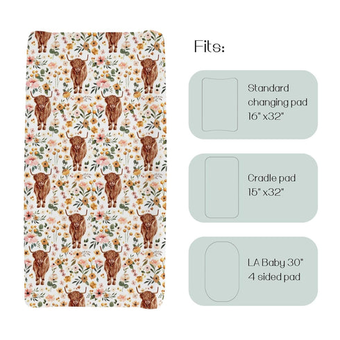 Highland Cow Boho Floral Changing Pad Cover for Baby Girls, Soft Stretchy Fitted Diaper Change Table Covers 32"/34" x