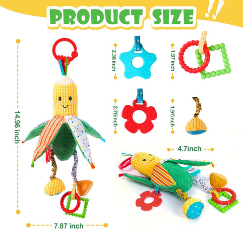 Hanging Rattles Toys, Car Seat Toys for Babies 0-6 Months, Soft Sensory Crib Toys with Crinkle, Squeaky & Teether for