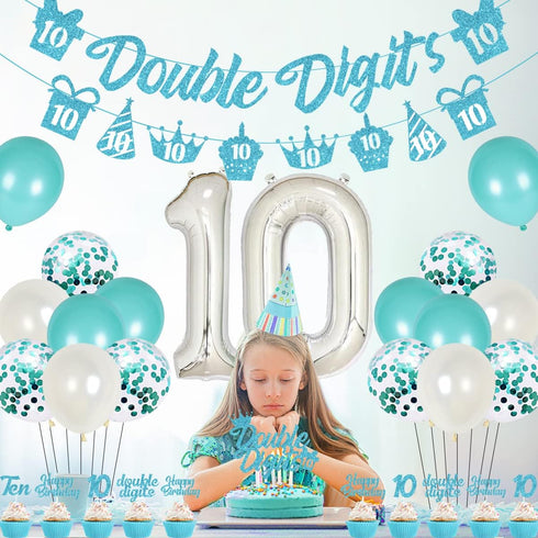 10th Birthday Decorations for Girls, Teal Blue Double Digits Party Supplies, Number 10 Foil Balloon