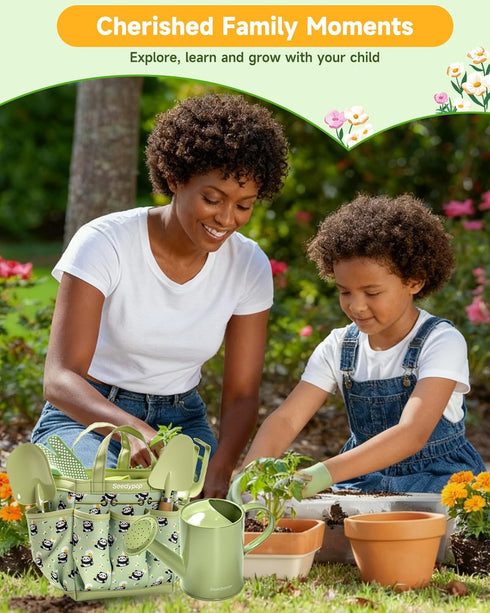 Set 8Pc Handmade Kids Gardening Tools - Artisan Garden Kit with Real Wood Handles, Metal Heads, Frog Hat, Panda Apron