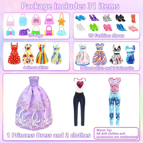 Doll Clothes and Accessories for 11.5 Inch Doll Dress Up Set with Wedding Gown, Fashion Dresses, Outfits, Shoes