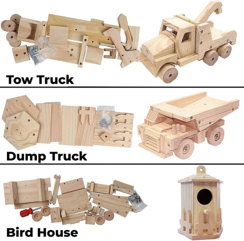 Kraftic Woodworking Building Kit for Kids and Adults, 3 Educational DIY Projects - Tow Truck, Birdhouse, Dump Truck