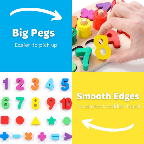 BEKILOLE Wooden Montessori Toys for Kids, Toddler Number Puzzles and Shape Stacker, Educational Math Blocks for 1 Year