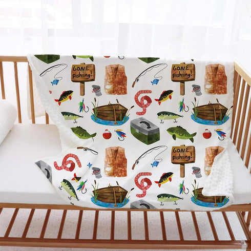 Fishing Baby Blanket, Gone Fishing Themed Toddler Minky Blanket, Double Layer Dotted Backing, 30"x40"