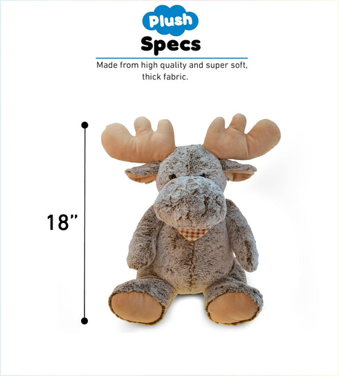 DolliBu Plush Moose Stuffed Animal Pillow - Super Soft Animal Pillow for Kids, Cozy Nap Buddy, 18 Inch