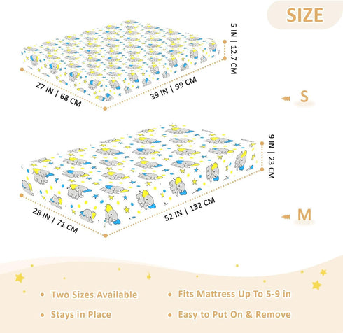 miaozhen 1 Pack 52x28 Cotton Crib Sheets for Baby Boys Girls Soft Stretchy Cartoon Elephants Blue and Yellow Toddler