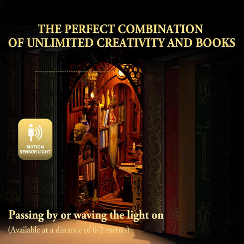 ZHIMUJI 3D DIY Book Nook Kit Wooden Puzzle Shelf Insert with Motion Sensor LED Light- Miniature Dollhouse Bookend Decor