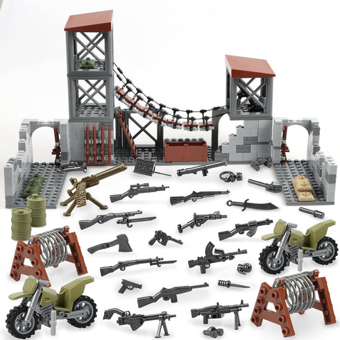 Set, WW2 14+ Finger Rock Military Base Series Small Suspension Building Army Mini War Accessories Kits, DIY Defence