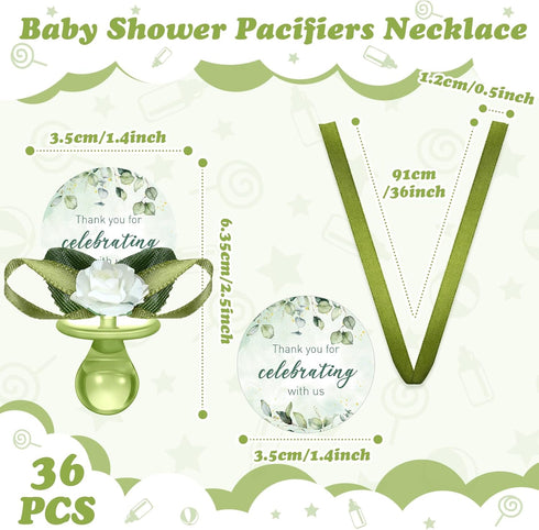 36 Coume Pcs Sage Green Baby Shower Favors Acrylic Pacifier Necklace Thank You Gift Bulk with Cards for Guests Prizes