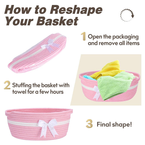 Gift Basket with Bow and Gift Bag, Simplicity Home Decor Rope Basket for Gifts, Empty Storage Basket, Pink