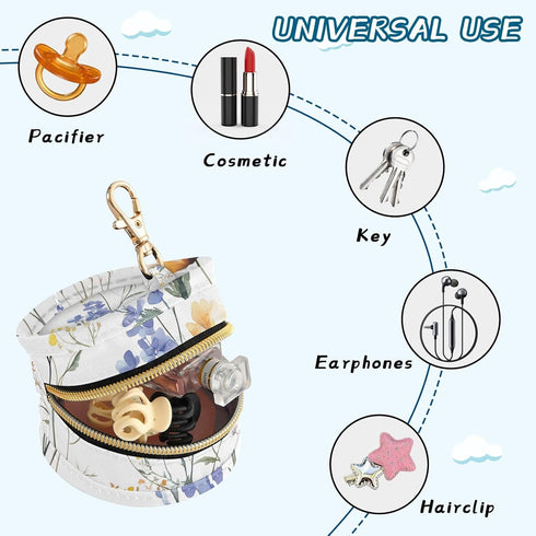 YETTASBIN Wildflowers Portable Pacifier Holder Case with Metal Hook Buckle & Zipper for Diaper Bag and Stroller