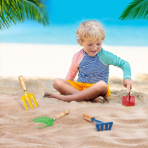 Anzmtosn Kids Metal Garden Tool Set, 4 Pack Sand Toy with Rake, Spade, Hoe, and Leaf Rake for Outdoor Gardening