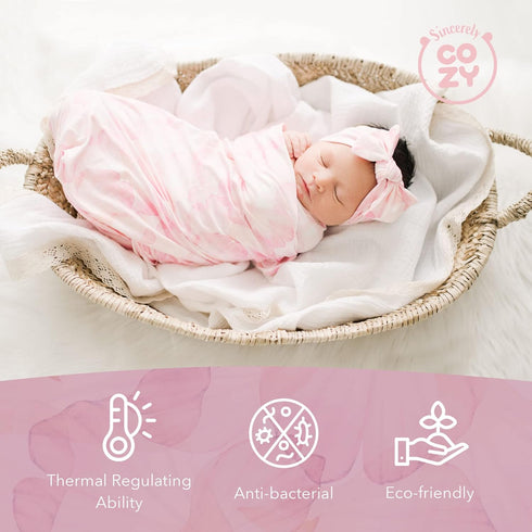 0-3 Luxury Rayon from Bamboo Headband & Baby Swaddle for Newborns Months, Rose Petal Love Newborn Swaddle Blanket