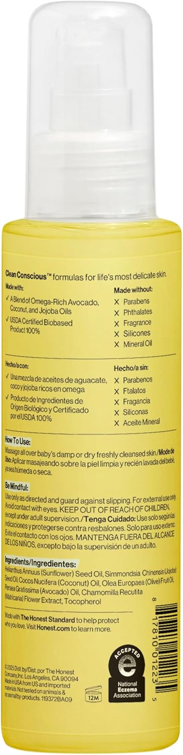 4.0 oz The Honest Company Fragrance-Free Moisturizing Body Oil, Nourish Soothe Baby's Skin, Plant-Based, Hypoallergenic