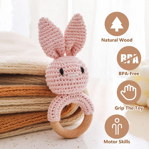 Wooden Baby Rattle,Crochet Bunny Rattle with Wood Ring, Newborn Wooden Animal Rattle Toy,Infant Pink Bunny Wood Rattle Toys,Bunny-3