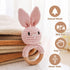 Wooden Baby Rattle,Crochet Bunny Rattle with Wood Ring, Newborn Wooden Animal Rattle Toy,Infant Pink Bunny Wood Rattle Toys,Bunny-3