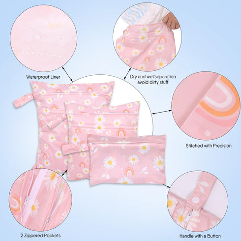 3pcs 2 SML, Baby Cloth Diaper Wet Dry Bags, Waterproof Reusable Wet Bag with Zipper Pockets & Handle, Washable Laundry
