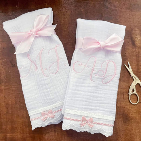 Set 2 Cotton & Lace Baby Girl Burp Cloth of ( Heirloom Collection ) Pink Bows + Option to Personalize with Name
