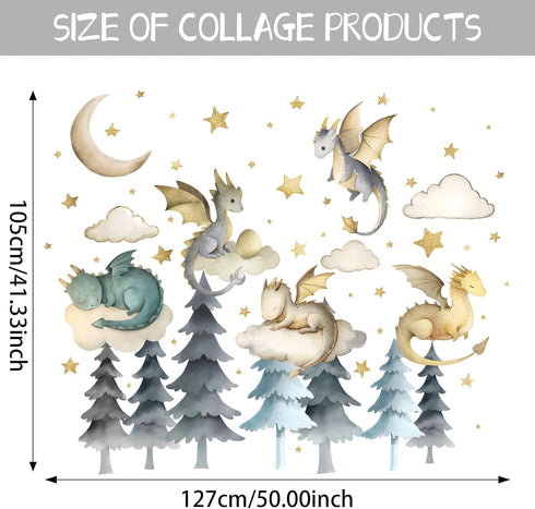 Dragon Wall Stickers,Peel and Stick Colorful Flying Dragon,White Clouds, Stars.Tree Self-Adhesive MuralRemovable Wall