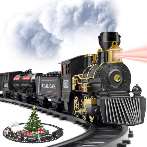 OleFun Train Set, Electric Black Train with Water Steam, Sounds & Lights,