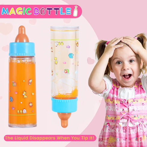 Magic Disappearing Milk and Juice Bottles - 6 Pieces Pretend Play Feeding Toy Set with Pacifiers