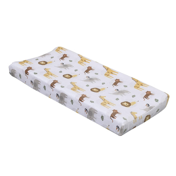 NoJo Jungle Trails Changing Pad Cover, Super Soft Animal Print in Grey, Gold, Green, and White