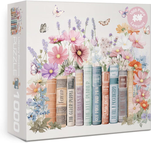 Larkipuzz Colorful Books Wildflower Pages Puzzles for Adults 1000 Pieces, Beautiful Literary Blossoms