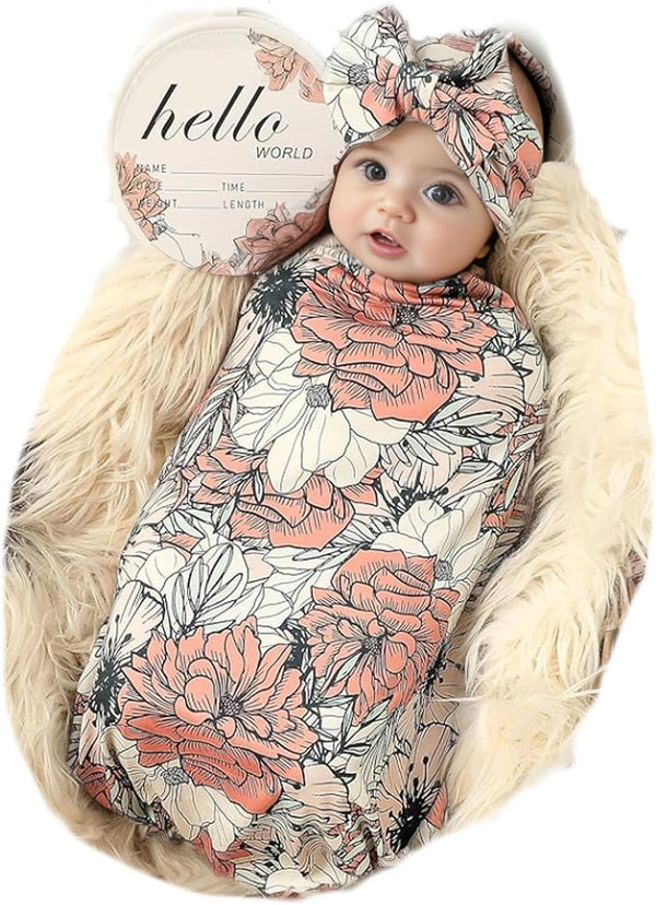 Galabloomer Newborn Receiving Blanket Headband Set, Baby Flower Swaddle (Cocal Almond)