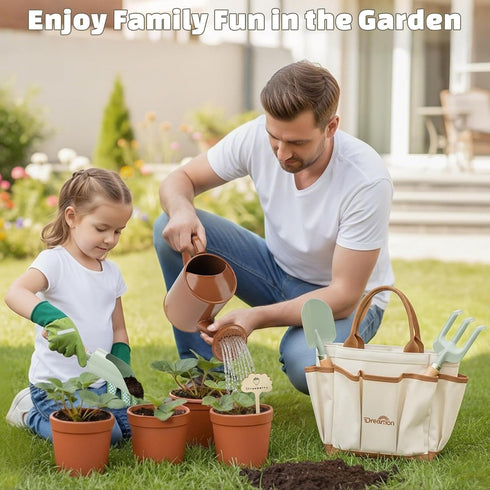 Set Dreamon Gardening Toys for Kids, Quality Garden Tool Kit Includes Tote Bag, Gloves, Shovel, Rake, Cultivator