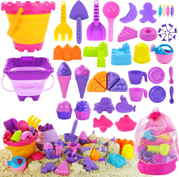Elovien Beach Sand Toys, 50Pcs Sandbox Toys with 2 Collapsible Buckets, Mesh