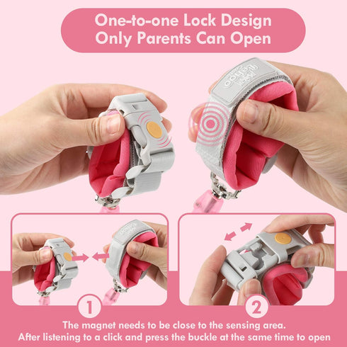 Lehoo Castle Anti Lost Wrist Link - Kid Harness with Induction Lock, Safety Leash for Toddlers, Pink