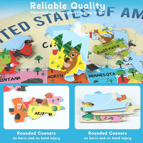 2 Sets Floor Puzzles World and United States Map Puzzles with Poster, Geography Educational Learning Toys for Kids 4-8