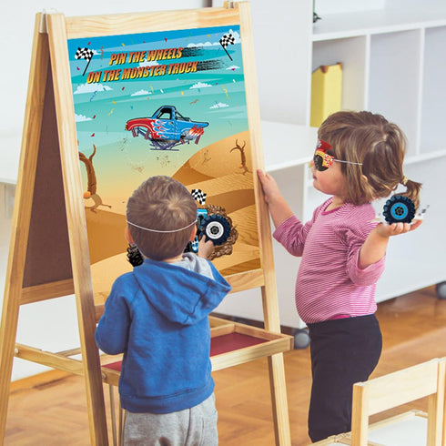 Eaezerav Pin the Wheels on the Truck Game, Monster Truck Poster, 36 Tyres Stickers, 2 Blindfolds for Car Theme Birthday