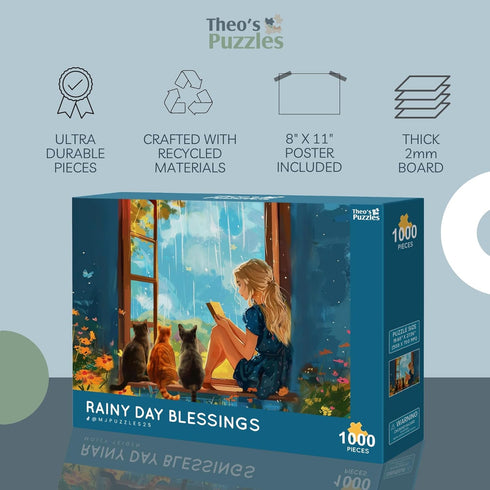 Theo's Puzzles Rainy Day Blessings Cat Puzzle - 1000 Piece High Resolution Jigsaw Puzzle for Adults