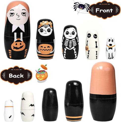 Tngan Halloween Nesting Dolls - 5Pcs 6" Tall Russian Handmade Matryoshka for Kids, Wooden Stacking Toys for Halloween